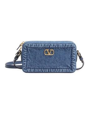 Valentino Denim Crossbody Camera Bag with Gold V Logo - Blue